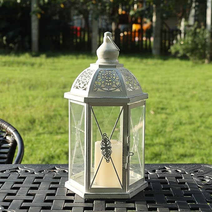 Lantern Decorative Indoor & Outdoor, 14.5'' Candle Lantern Farmhouse Home Decor, Hexagon Vintage Hanging Metal Candle Holder for Front Porch Shelf Patio Wedding Party, Christmas Decorations