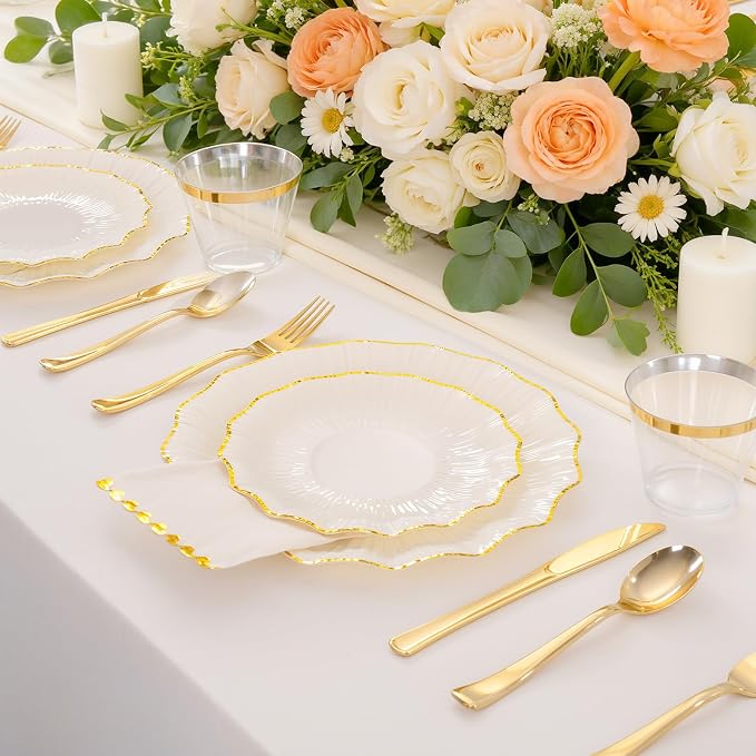 I00000 350 PCS Ivory and Gold Plastic Plates for 50 Guests, Premium Scalloped Disposable Dinnerware Set Include: 100 Disposable Plate, 50 Napkins, 50 Cups, 50 Silverware Set for Party & Wedding