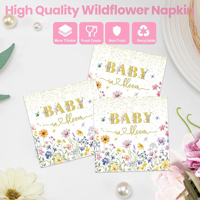 Wildflower Baby shower Plates and Napkins Party Supplies - 175PCS Spring Floral Baby in Bloom Paper Plates BabyShower Birthday Decorations Disposable Tableware Sets for Spring Summer, Serve 25 Guests