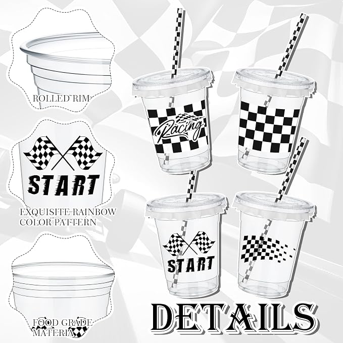 FoldTier 50 Pcs Checkered Racing Party Plastic Cups 12 oz White Black Checkered Flag Clear Cups with Straws and Lids Disposable Drink Cup for Race Car Sport Theme Birthday Party Supplies Baby Shower