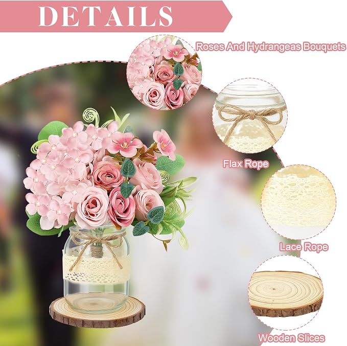 Set 10 Mason Jar Table Centerpiece - Wedding Centerpieces for Tables, Mason Jar Flower Vases Decor- Boho Farmhouse Rustic for Engagement, Bridal Shower, Wedding, Versatile Decor (Pink)