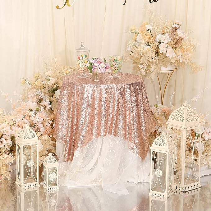 Eternal Beauty Rose Gold Tablecloth, 50x50 Inch Square Rectangle Table Cover for Mother's Day Cake Dessert Exhibition Party Birthday Events