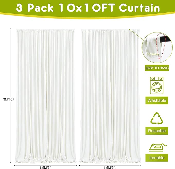 Wokceer Ivory Backdrop Curtain for Wedding Parties 3 Pack 10x10FT Wedding Curtains Photo Backdrop Drapes Polyester for Photoshoot Baby Shower Birthday Party Curtains Background 6 Panels 5x10FT