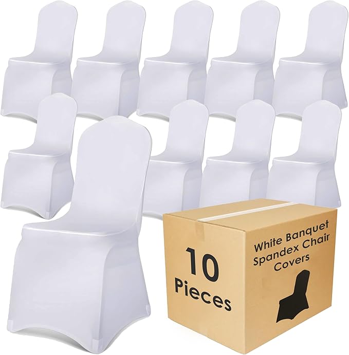 Craft And Party 10 Pack White Spandex Chair Covers – Stretch Polyester Slipcovers for Wedding, Banquet, Party & Dining Chairs – Flat Front Design, Universal Fit