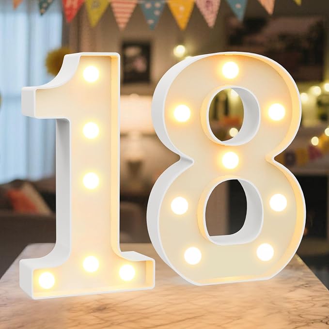 LED Marquee Light Up Numbers Sign - Lighted Birthday Numbers Sign for 18th Birthday Party Decoration, Bar Wall, Home, Table Room, Wedding and Christmas Decorations, Number 18