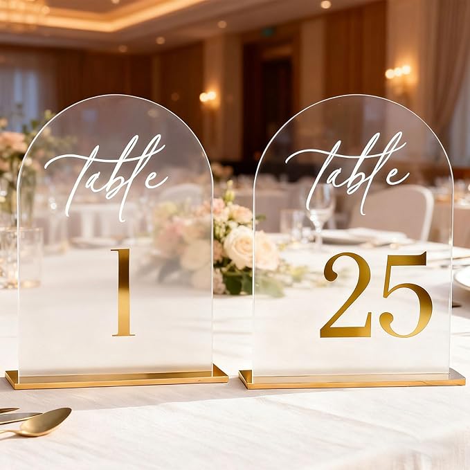 Arch Wedding Table Numbers 1-25 with Stands,5 x 8 Inch Transparent Acrylic Reception Table Signs Golden Letters,Perfect for Wedding Receptions, Parties, Anniversaries, and Events (1-25 golden)