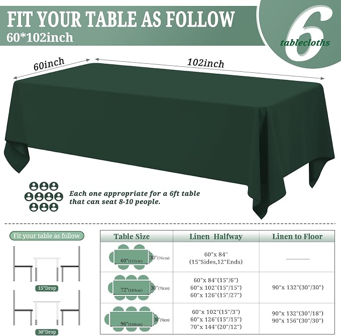 Pesonlook 6Pack Hunter Green Polyester Tablecloths 60 x 102 Inch, Rectangle Table Cloth for 6ft Tables- Polyester Table Cover Washable Table Cloth for Wedding Reception Banquet Party