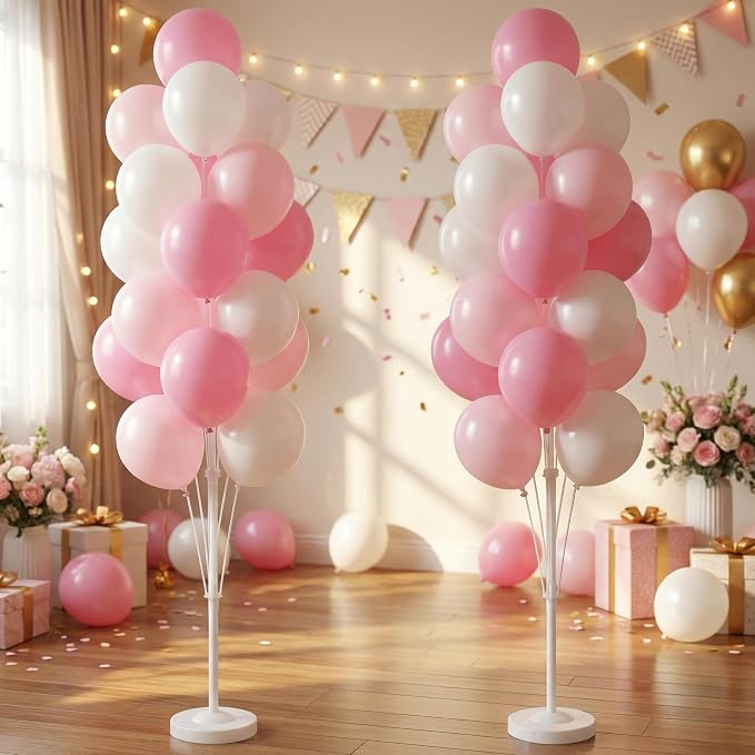 Balloon Column Kit Set of 2 With Baby Pink Chrome Balloons Included - with Base,Pole,Balloon Tower Backdrop Decoration for Wedding,Baby Shower, Birthday,Princess Party, or Bachelorette