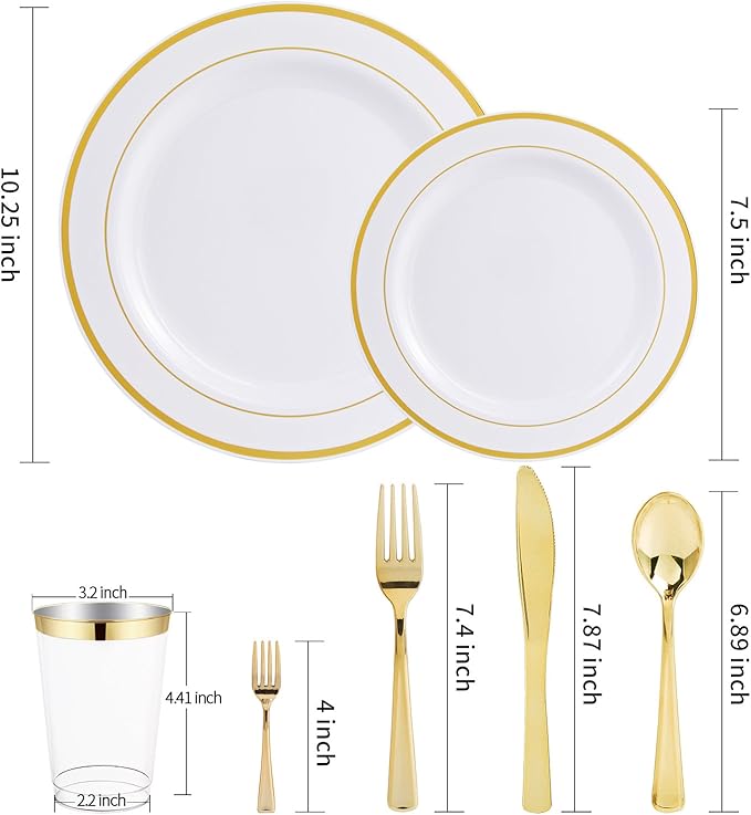 WDF 25Guest Gold Plastic Plates - Heavy Duty Plastic Plates Dinnerware - Include 25 Dinner Plate 25 Salad Plates 50 Forks 25 Knives 25 Spoons 25 Cups 25 Mini Forks for Wedding Birthday Valentine’s Day