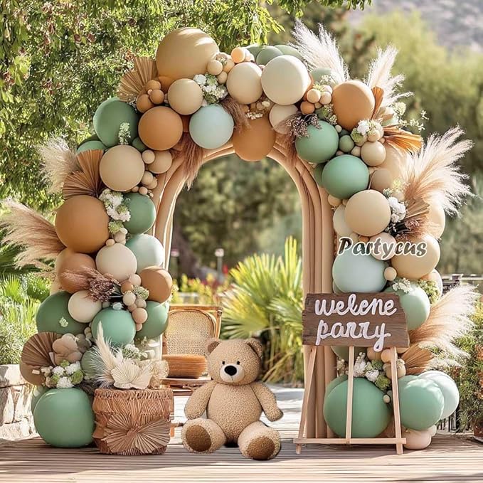 Dusty Green Tan Balloon Arch Kit Double Stuffed, Light Sage Green White Sand Brown Apricot Pastel Neutral Balloon Garland for Boho Baby Shower Birthday Wedding Woodland Wild One Gender Reveal Party