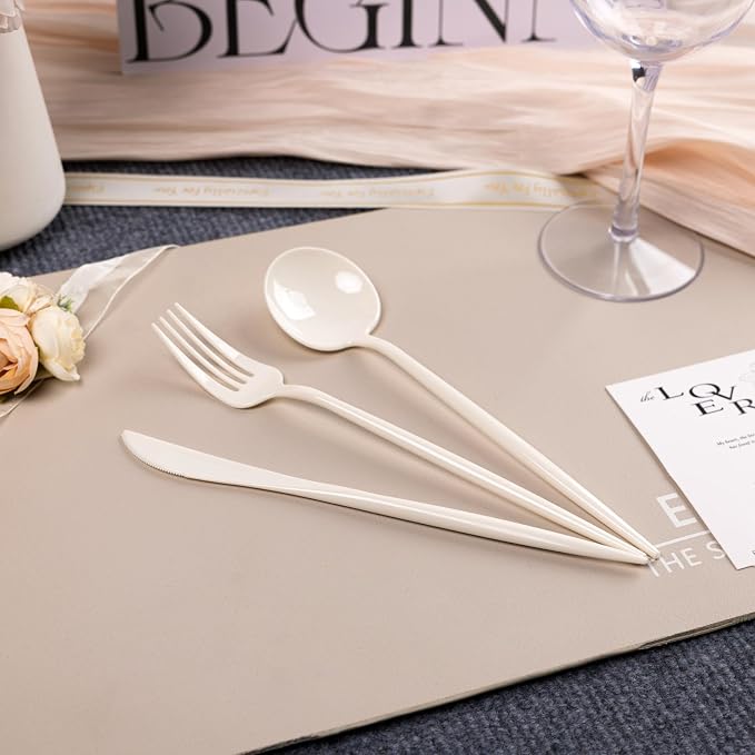 180PCS Ivory Plastic Silverware,Heavy Duty Disposable Utensils Include 60 Forks,60 Spoons and 60 Knives,Ivory Cutlery Plastic Silverware Sets for Party, Birthday,Wedding