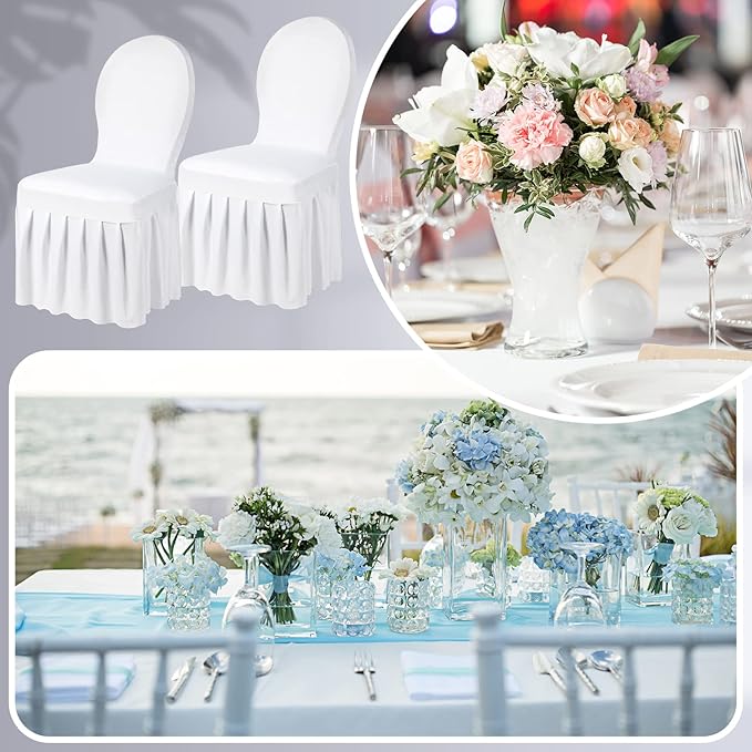 Oudain 10 Pcs White Chair Covers with Skirt Spandex Chair Slip Covers Wedding Long Stretch Protectors Removable and Washable for Dining Chairs Hotel and Wedding Ceremony