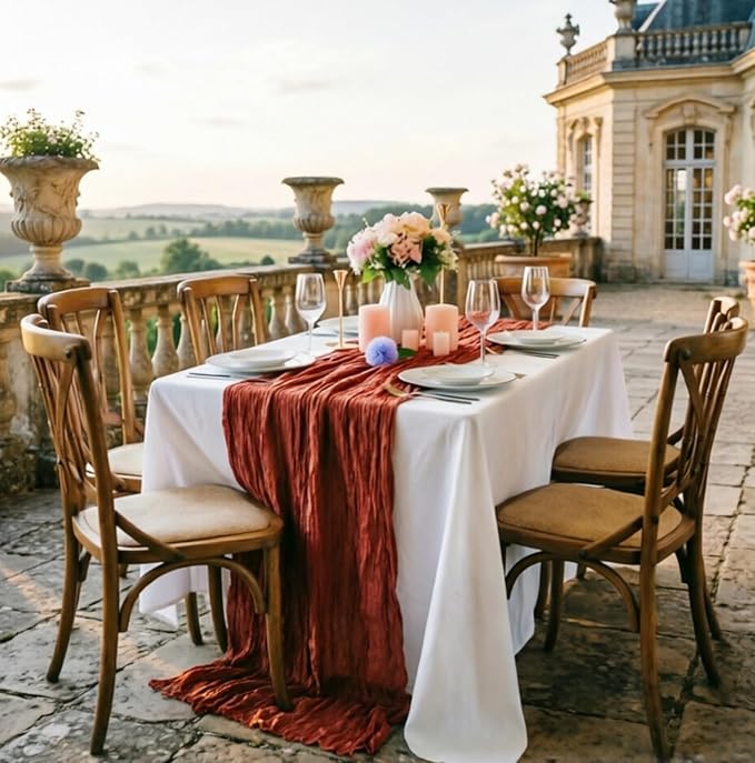 16 Pack Terracotta Cheesecloth Table Runner 35x120 Inch Boho Gauze Cheese Cloth Table Runner 10FT Long Rustic Sheer Table Runners for Wedding Bridal Shower Birthday Party Table Decor