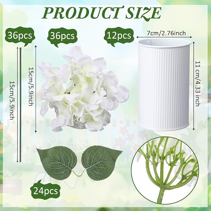 Zeyune White 12 Sets Wedding Flower Table Centerpieces Artificial Hydrangeas with Rustic Metal Vase Fake Hydrangea Flowers in Pot Floral Arrangement for Wedding Bridal Tea Party Table Home Decor