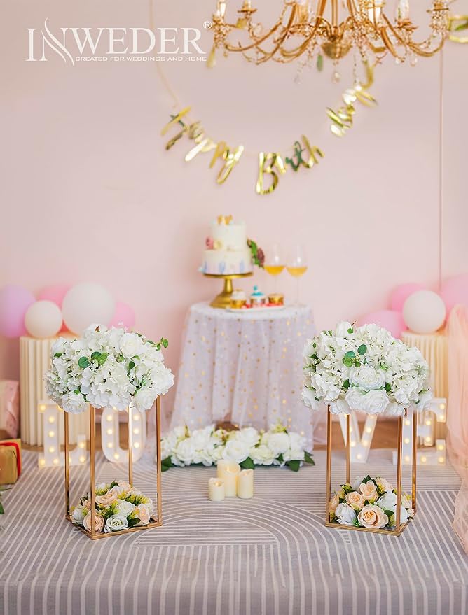Gold Metal Cube Vase Stand for Wedding Centerpieces, 15.75in Tall, 2 Pcs | Columnar Cube Shape, Easy to Assembly, Flowers Cakes Drinks Display Table Centerpieces for Wedding Party Event