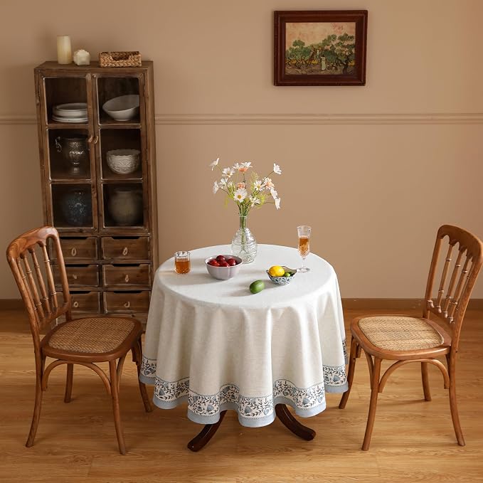 ISAENNE Designer Linen Round Tablecloth,Diameter 55"-Segerman B | Chinoiserie Vintage Elegant Floral Durable Table Cloth,Beautiful,Heavyweight,Dining Room,Tea Party,Kitchen,Thanksgiving