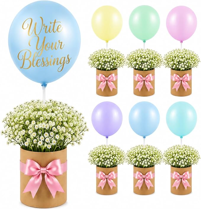 Cinrobiye 12 Pcs Wedding Table Centerpiece Boxes with Artificial Baby's Breath Flowers,Balloons,and Ribbon,DIY Photo Display Floral Table Decorations for Wedding Reception Engagement Bridal Shower