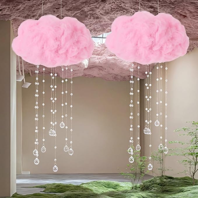 Marsui Artificial Cloud Props LED Hanging Pink Light String Fake Imitation 3D Cotton Cloud Classroom School Decor Raindrop for Room Ceiling Baby Shower Party Wedding Nursery Wall DIY Decor(2 Pcs)