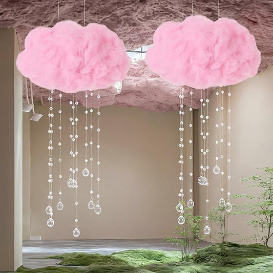 Marsui Artificial Cloud Props LED Hanging Pink Light String Fake Imitation 3D Cotton Cloud Classroom School Decor Raindrop for Room Ceiling Baby Shower Party Wedding Nursery Wall DIY Decor(2 Pcs)