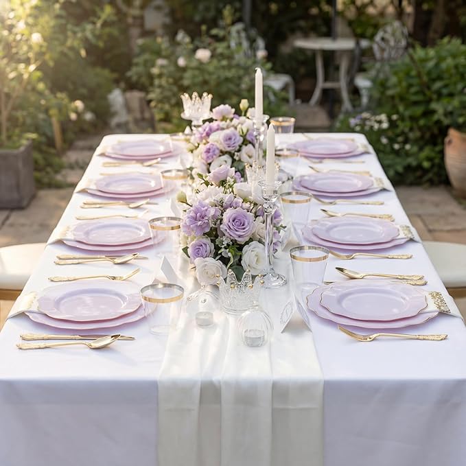 NOCCUR 175PCS Purple Plastic Plates with Gold Disposable Silverware - Include 50 Lavender and Gold Plastic Plates,25 Knives,25 Forks,25 Spoons,25 Cups and 25 Napkins - Mother's Day/Spring Party