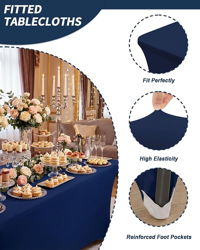 Fixwal 3 Pack Navy Blue Tablecloth Rectangle 8Ft, Stretch Spandex Fitted Table Cover for Party, Trade Show, Wedding, Buffet, Graduation, Vendor Stand