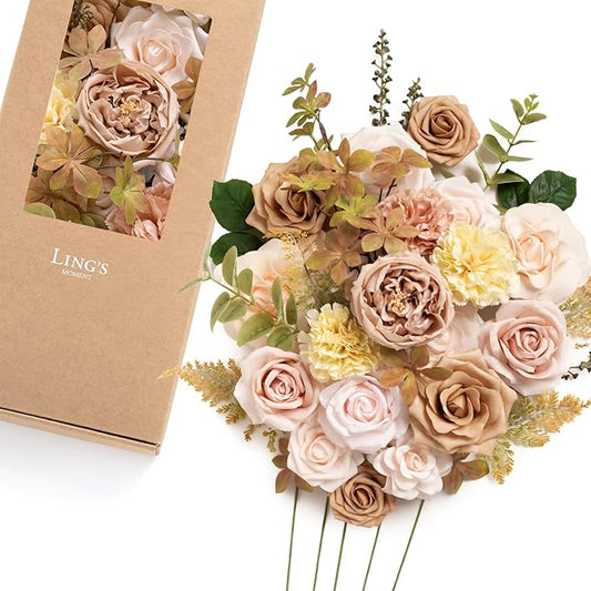 Ling's moment Fake Flowers Box, Faux Artificial Sweet Peas Foam Roses Silk Carnations for Centerpieces Bouquet Wedding Floral Arrangements Bridal Shower Party, Dusty Rose & Sand Beige, Deluxe Combo