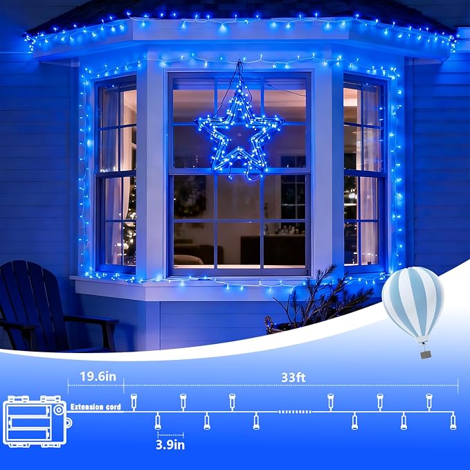 QITONG 2 Pack Battery Operated String Lights, Each 33ft 100 LED Blue Christmas Lights Outdoor Waterproof, 8 Modes Clear Wire Twinkle Fairy Lights Indoor with Remote