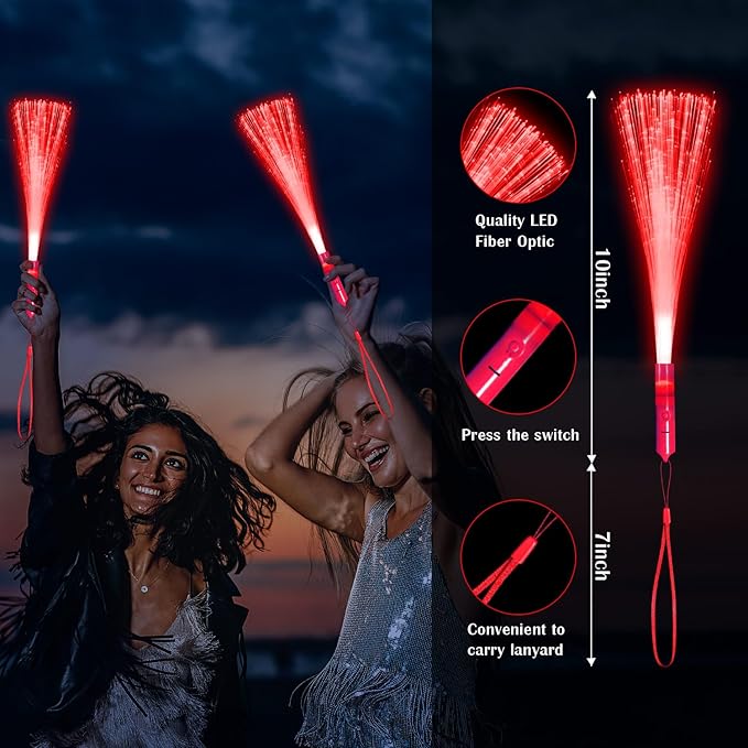 72 Pack Red Fiber Optic Wands Glow Fiber Wands Bulk LED Light Up Wands with 3 Flashing Modes LED Flashing Sticks for July 4th Halloween Christmas Valentine's Day Wedding Birthday
