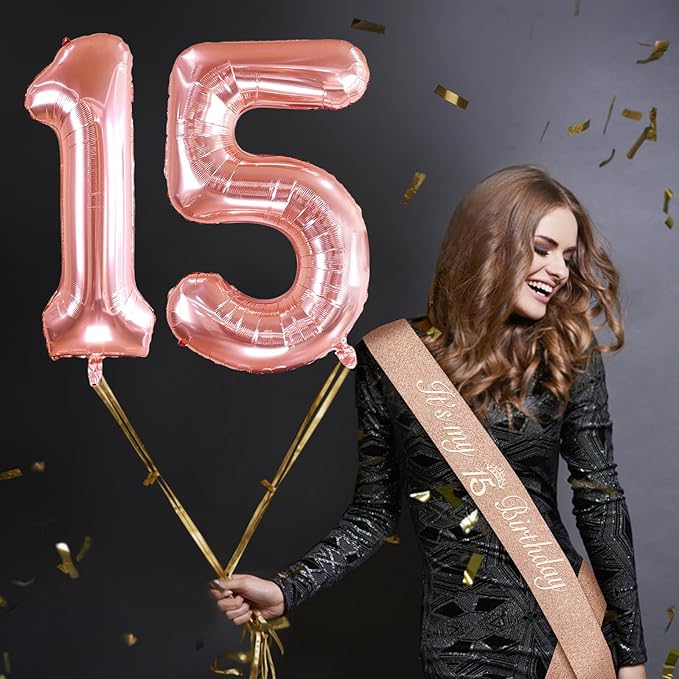 15th Birthday Decorations for Girls with 15th Birthday Crown and Sash, Cake Topper and Candles, Number Balloons, 3D Pop Up Greeting Card, 15 Year Old Gifts for Girls