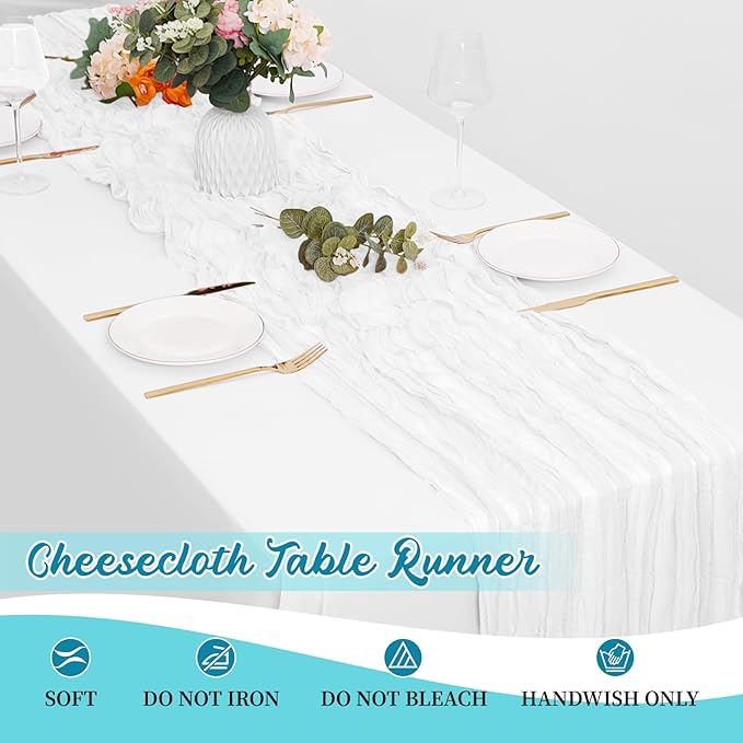 8 Pack White Cheesecloth Table Runners 20x120 Inch Gauze Table Runner Cheese Cloth 10FT White Table Runner Rustic Sheer Runner for Wedding Birthday Party Baby Shower Table Decor