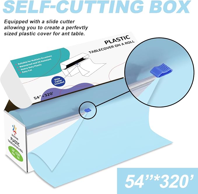54IN X 320FT Plastic Table Cover Roll with Cutter Box, Cut to Size Plastic Table Cloths for Parties, Birthday, Disposable Tablecloth Roll for All Shape Tables (Light Blue, 54 Inch X 320 Feet)