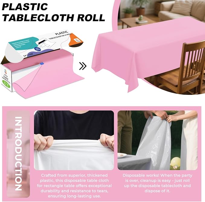 54IN X 160FT Plastic Table Cover Roll with Cutter Box, Cut to Size Plastic Table Cloths for Parties, Birthday, Disposable Tablecloth Roll for All Shape Tables (Pink, 54 Inch X 160 Feet)