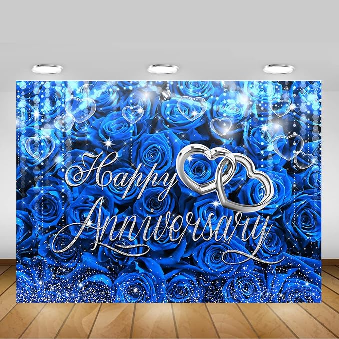 Mocsicka Happy Anniversary Backdrop Wedding Together Anniversary Party Decoration Red Rose Florals Gold Bokeh Heart Background Wedding Couple Love Party Supplies (Blue, L-(96x72 inch))