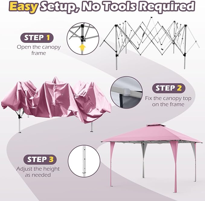 Tangkula 13x13 FT Pop Up Gazebo, UPF50+ Outdoor Sunshade Shelter with Carrying Bag, 8 Stakes, 4 Wind Ropes, Foldable Outdoor Gazebo for Beach Party Event Camping (Pink)
