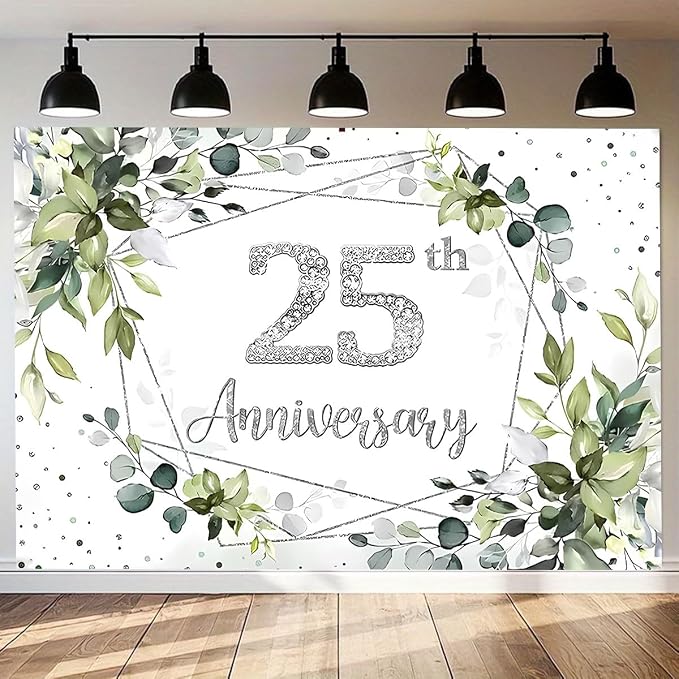 Silver Wedding 25th Anniversary Decorations Backdrop Watercolor Eucalyptus Leaves Sparkling Diamond 25th Background Couple Wedding Engagement Banner (A, 5X3FT)