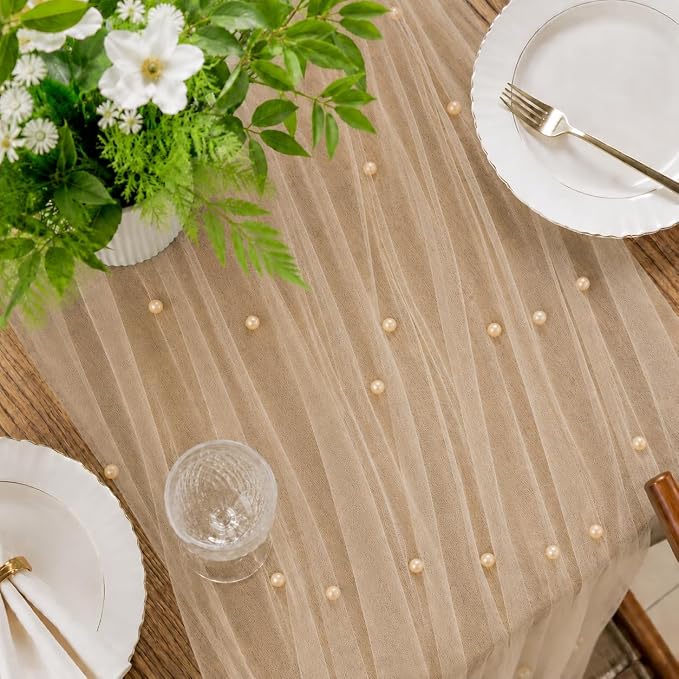 Pearl Champagne Gauze Pearl Table Runner 120 Inch 10FT, Seasonal Sheer Dining Holiday Wedding Birthday Baby Shower Tulle Summer Table Decor for Home Party