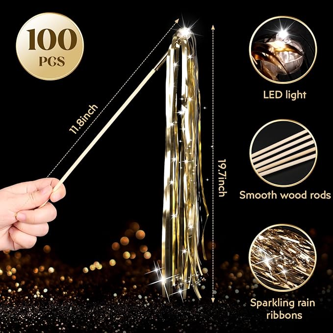 Drixbor 100 PCS Light Up Wedding Wands - LED Tinsel Streamers for Wedding Send Off & Grand Entrance, Party Favors for Weddings Birthdays Christmas (Champagne)