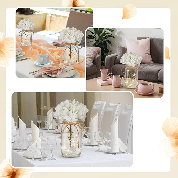 4 Sets Mason Jar Centerpiece with LED Lights and White Hydrangea Fake Flowers Vase for Wedding Bridal Shower Party Coffee Table Decor