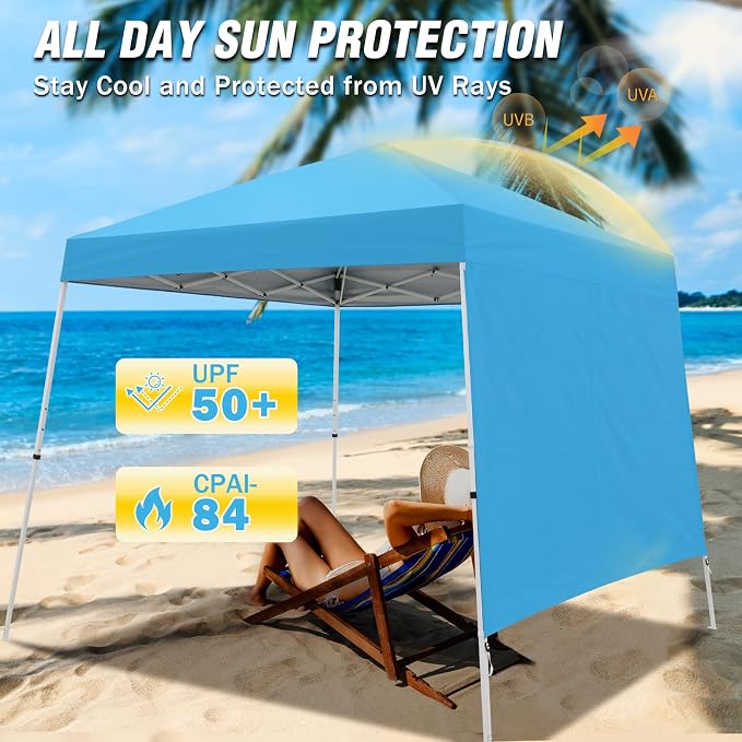 EAGLE PEAK 10x10 Pop Up Canopy Tent with Sidewall, Compact, Portable Slant Leg Instant Sun Shelter for Beach, Sports, & Camping, 10x10 Base 8x8 Top, Light Blue