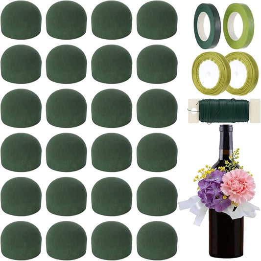 24 Pcs Mini Floral Foam Holder Set, Round Floral Foam Blocks with Florist Wire, Green Tape and Ribbon, Flower Arrangement Supplies for Wine Bottle Decor, DIY Craft