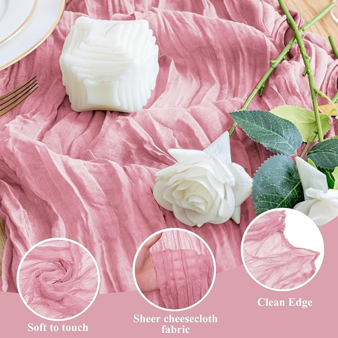 Wokceer Cheesecloth Table Runner 6Pack 10FT Pink Boho Gauze Cheese Cloth Table Runner for Party Long Rustic Sheer Table Runners for Baby Bridal Shower Wedding Easter Table Decor
