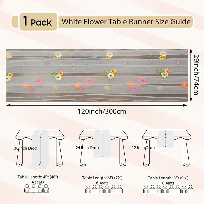 Set of 1 Flower Table Runner 10ft, 29 * 120 Inch White Table Cloth Sheer Tulle Table Cover,Embroidery Daisy Table Runner for Wedding Party Baby Shower Birthday Home Decor