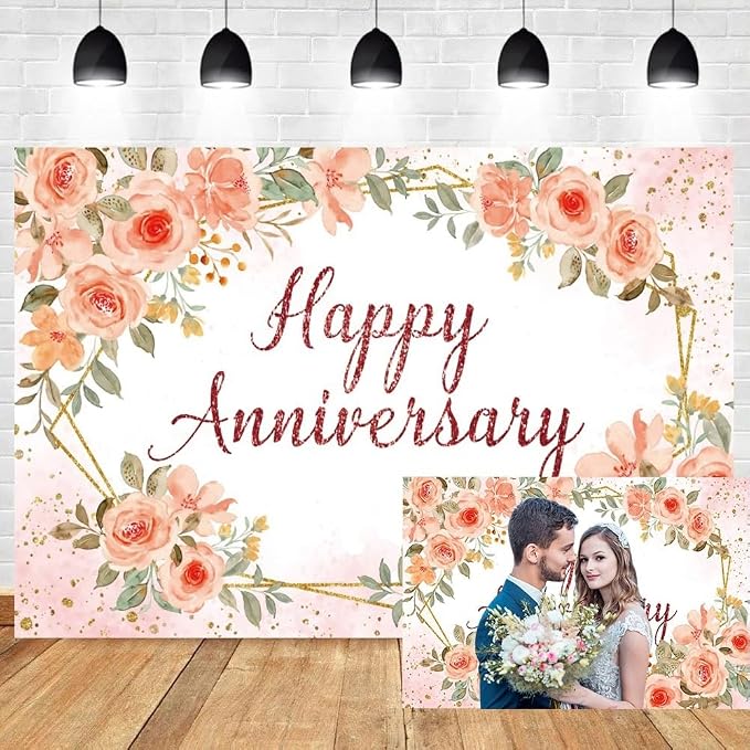 Leyiyi 12x6ft Happy Anniversary Backdrop Watercolor Pink Floral Rose Green Leaves Gold Dots Glitter Photography Background Cheers to Wedding Anniversary Bridal Shower Party Decorations Photo Props
