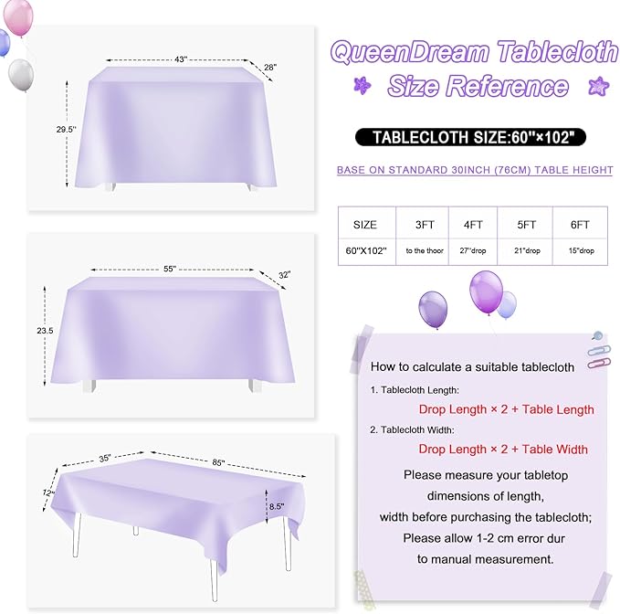 QueenDream Sequin Tablecloth 60"x102" Purple Tablecloth Glitter Party Table Cloth Overlay for Wedding Birthday Decorations