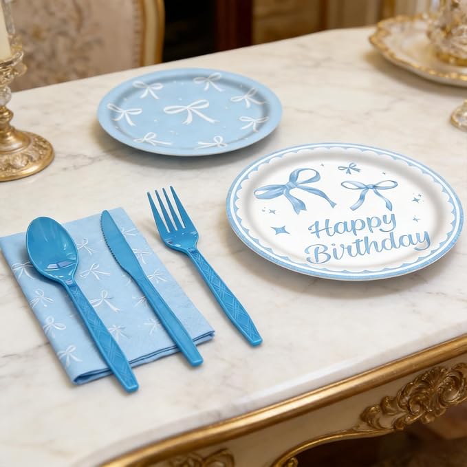 60Pcs Bow Party Supplies, Blue Bow Theme Party Decorations Include Blue Party Plates, Napkins, Forks, Knives, Spoons for Baby Shower Wedding Bridal Birthday Engagement Party Decor, Serves 10