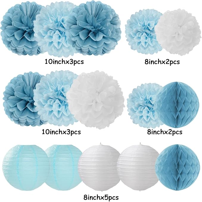 Dusty-Blue White Party-Decorations Paper-Flowers Lanterns - 15pcs Birthday Baby Bridal Shower Tissue Pom Poms Streamers Honeycomb, Boy Men Wedding Bachelorette Hanging Supplies Decor Hugfond
