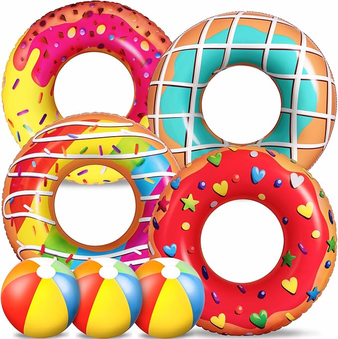 90shine 7-Pack Donut Pool Floats: Inflatable Floaties Rings and Beach Balls, Floating Tubes & Toys for Kids Adults, Swimming Beach Pool Party Decorations
