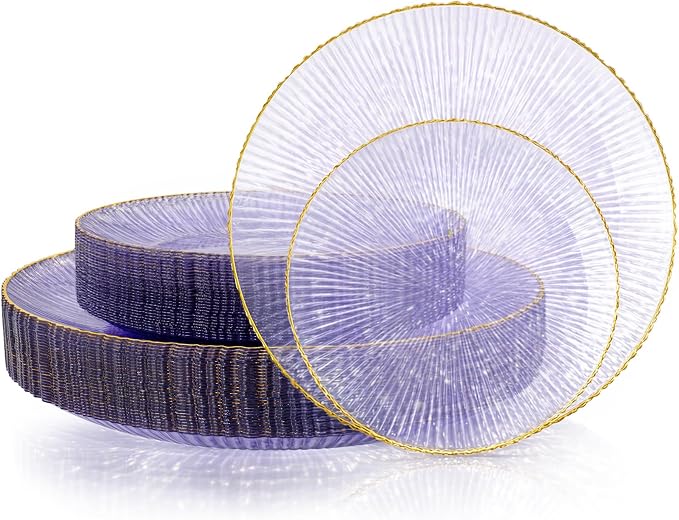 DaYammi 60Pcs Purple Plastic Plates with Gold Rimmed - Purple Disposable Plates Set Including 30pcs Dinner Plates,30pcs Dessert Plates with Radial Texture for Party & Wedding Bridal Shower