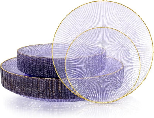DaYammi 60Pcs Purple Plastic Plates with Gold Rimmed - Purple Disposable Plates Set Including 30pcs Dinner Plates,30pcs Dessert Plates with Radial Texture for Party & Wedding Bridal Shower