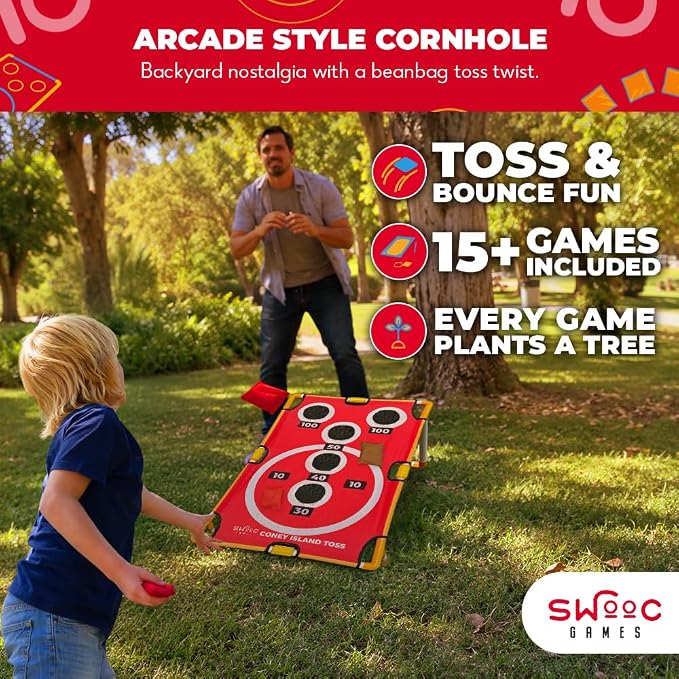Swooc Games - Coney Island Toss™ - Arcade Style Cornhole Board Set w/Carrying Case & 15+ Games - Corn Hole Games for Adults - Kids Bean Bag Toss Game - Kids Cornhole Set w/Bags - Outdoor Yard Games